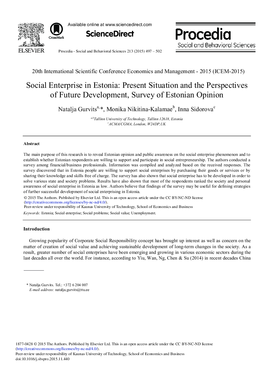 Social Enterprise in Estonia: Present Situation and the Perspectives of Future Development, Survey of Estonian Opinion 