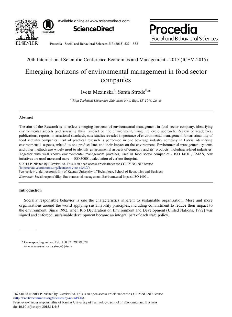 Emerging Horizons of Environmental Management in Food Sector Companies 