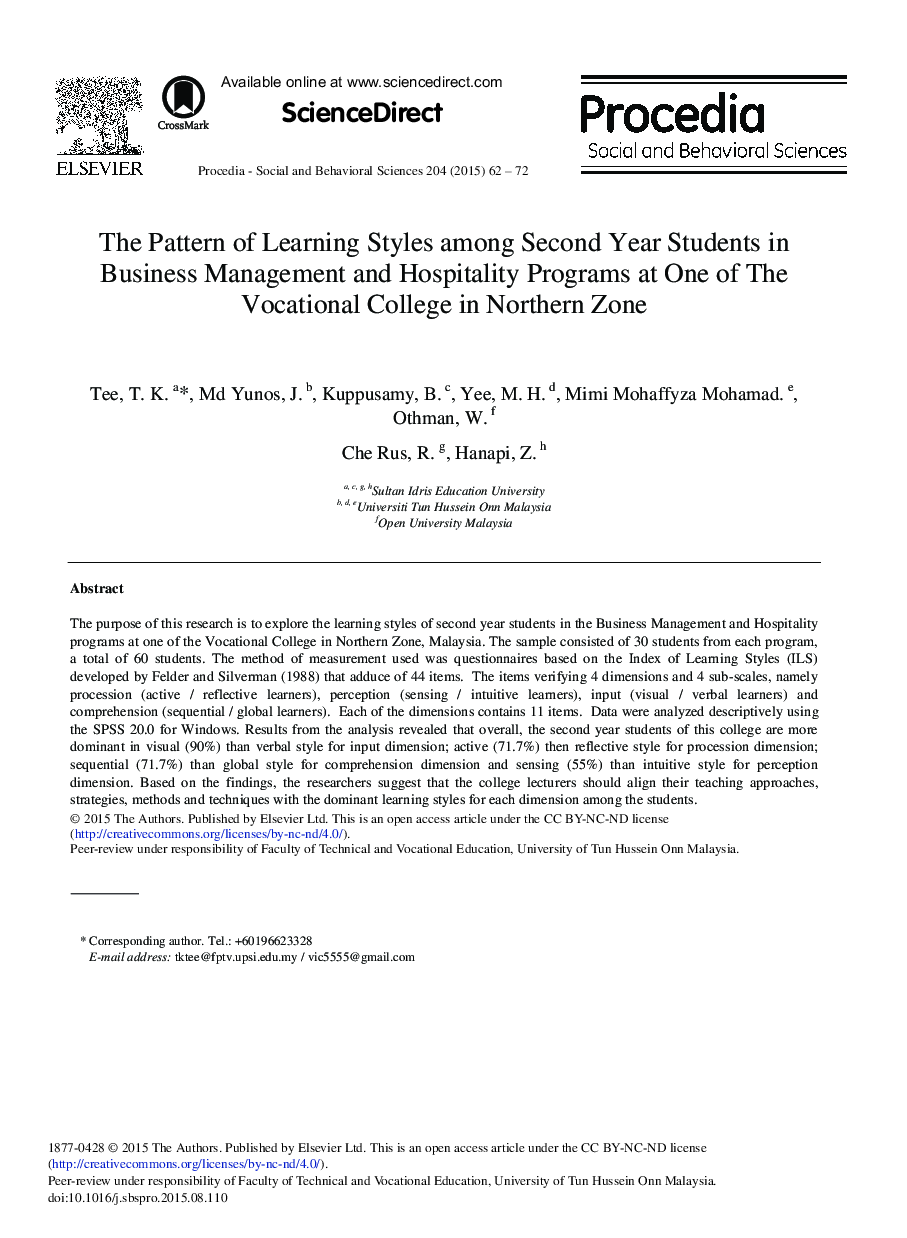 The Pattern of Learning Styles among Second Year Students in Business Management and Hospitality Programs at One of The Vocational College in Northern Zone 