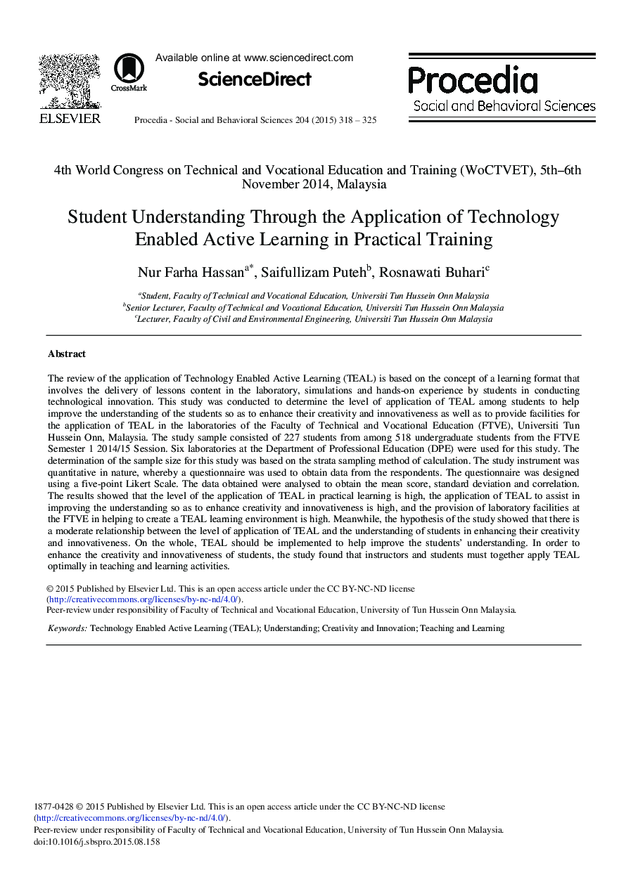 Student Understanding Through the Application of Technology Enabled Active Learning in Practical Training 