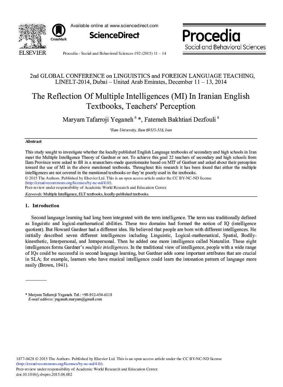 The Reflection of Multiple Intelligences (MI) in Iranian English Textbooks, Teachers’ Perception 