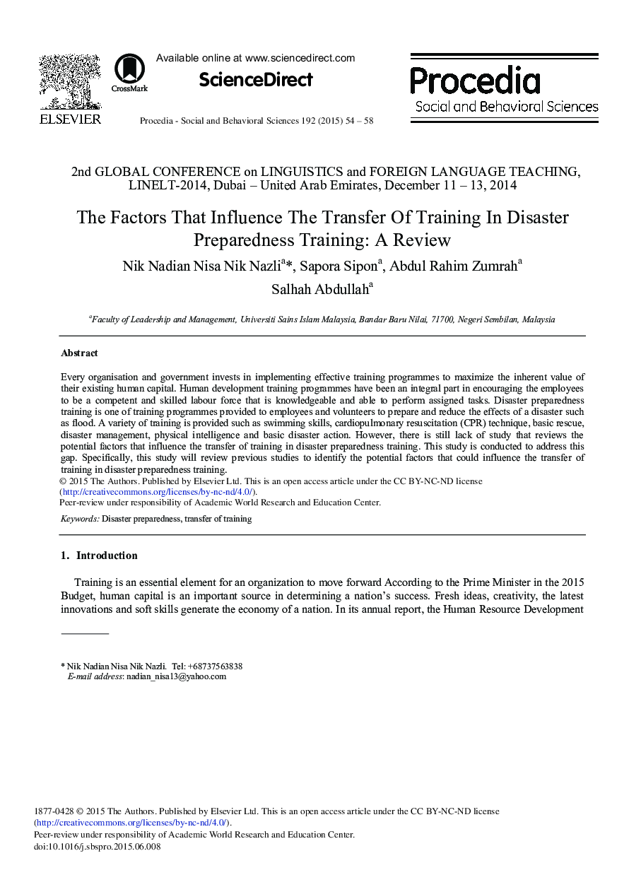 The Factors that Influence the Transfer of Training in Disaster Preparedness Training: A Review 