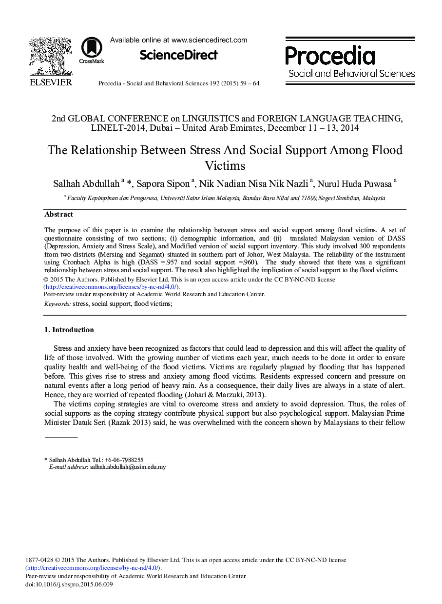 The Relationship between Stress and Social Support among Flood Victims 