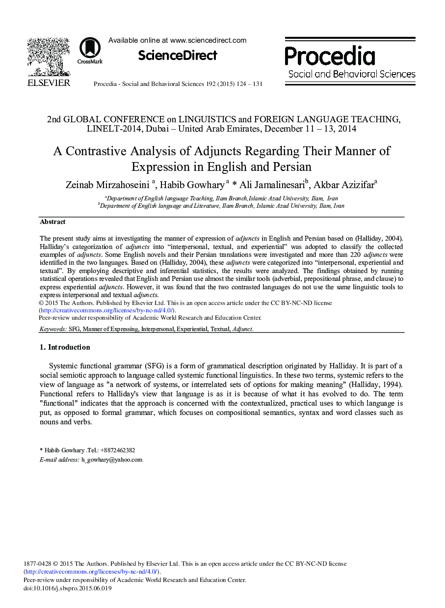 A Contrastive Analysis of Adjuncts Regarding their Manner of Expression in English and Persian 