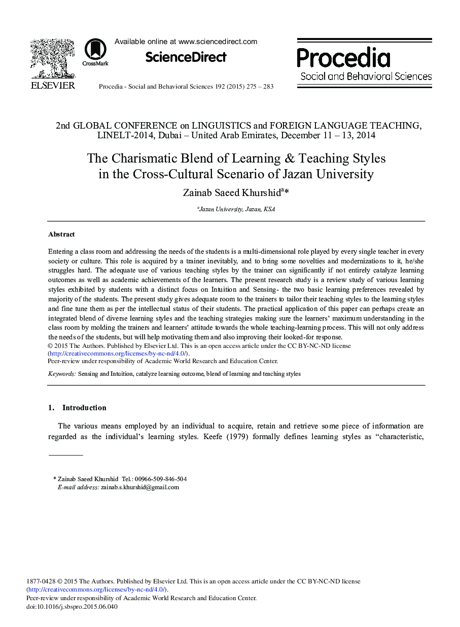 The Charismatic Blend of Learning & Teaching Styles in the Cross-Cultural Scenario of Jazan University 