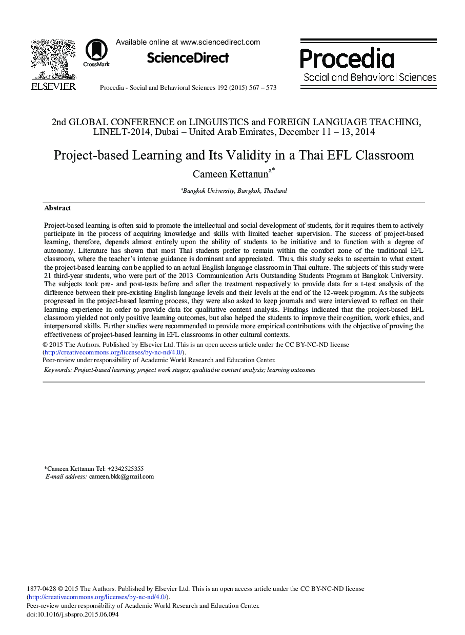 Project-based Learning and Its Validity in a Thai EFL Classroom 