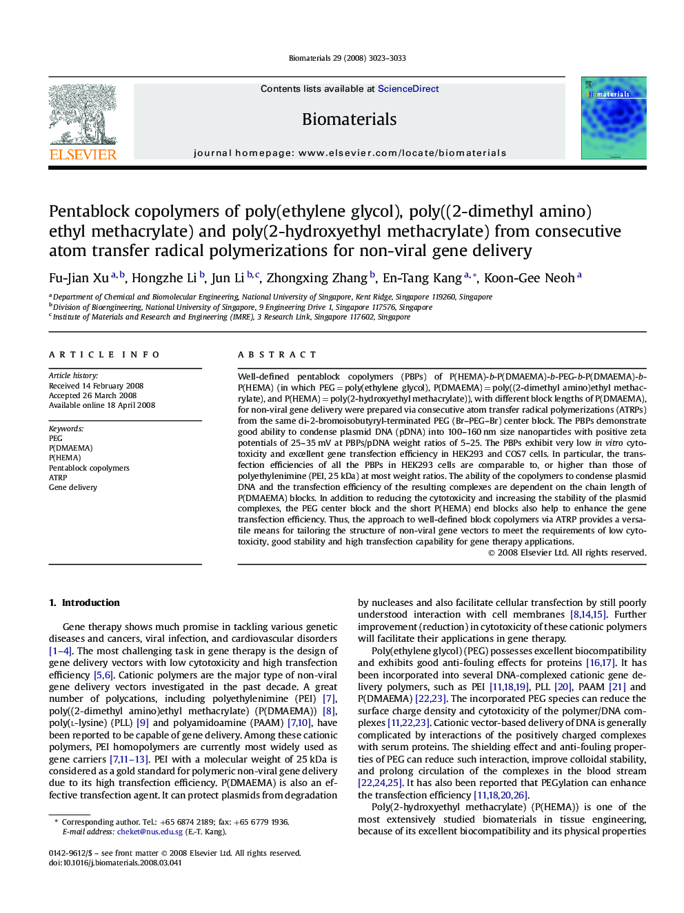 Pentablock copolymers of poly(ethylene glycol), poly((2-dimethyl amino)ethyl methacrylate) and poly(2-hydroxyethyl methacrylate) from consecutive atom transfer radical polymerizations for non-viral gene delivery