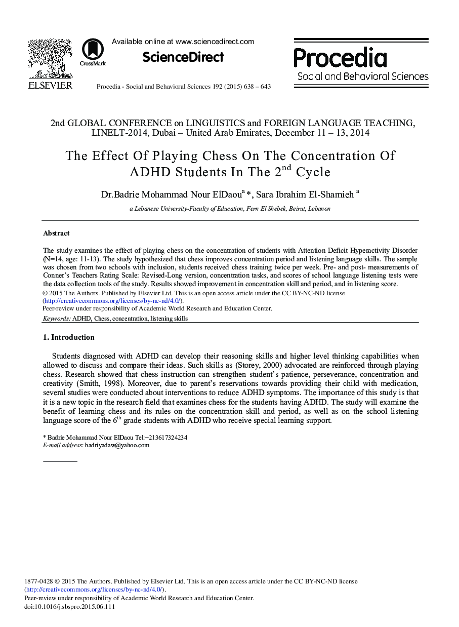 The Effect of Playing Chess on the Concentration of ADHD Students in the 2nd Cycle 