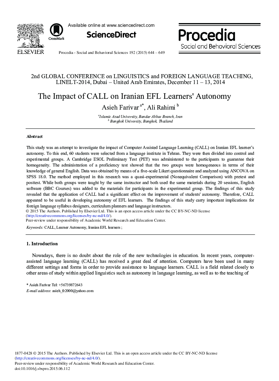 The Impact of CALL on Iranian EFL Learners’ Autonomy 