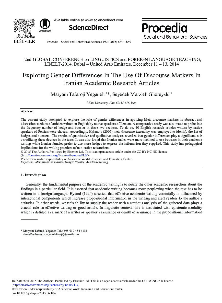 Exploring Gender Differences in the use of Discourse Markers in Iranian Academic Research Articles 