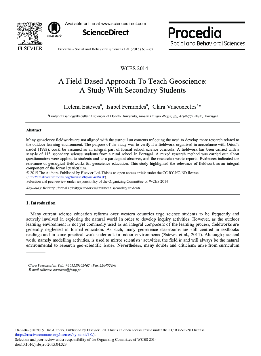 A Field-based Approach to Teach Geoscience: A Study with Secondary Students 