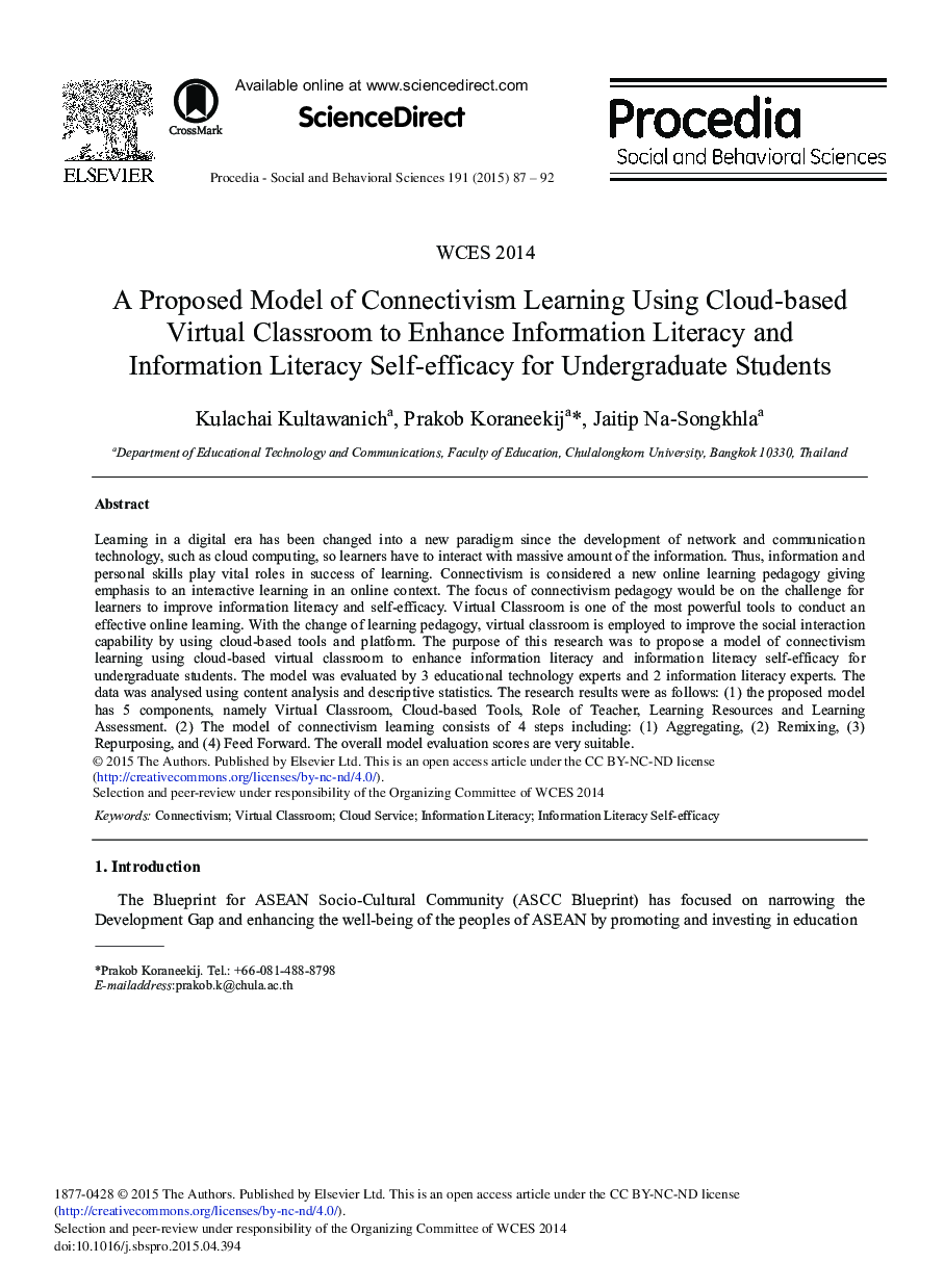 A Proposed Model of Connectivism Learning Using Cloud-based Virtual Classroom to Enhance Information Literacy and Information Literacy Self-efficacy for Undergraduate Students 