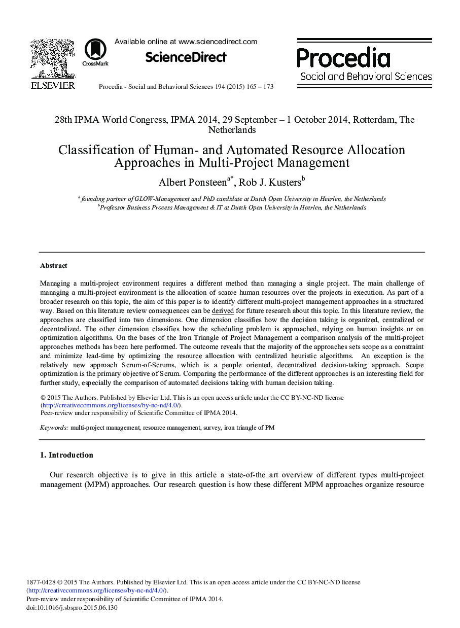 Classification of Human- and Automated Resource Allocation Approaches in Multi-Project Management 