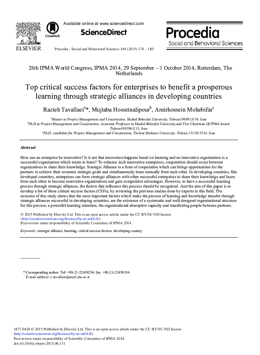 Top Critical Success Factors for Enterprises to Benefit a Prosperous Learning through Strategic Alliances in Developing Countries 