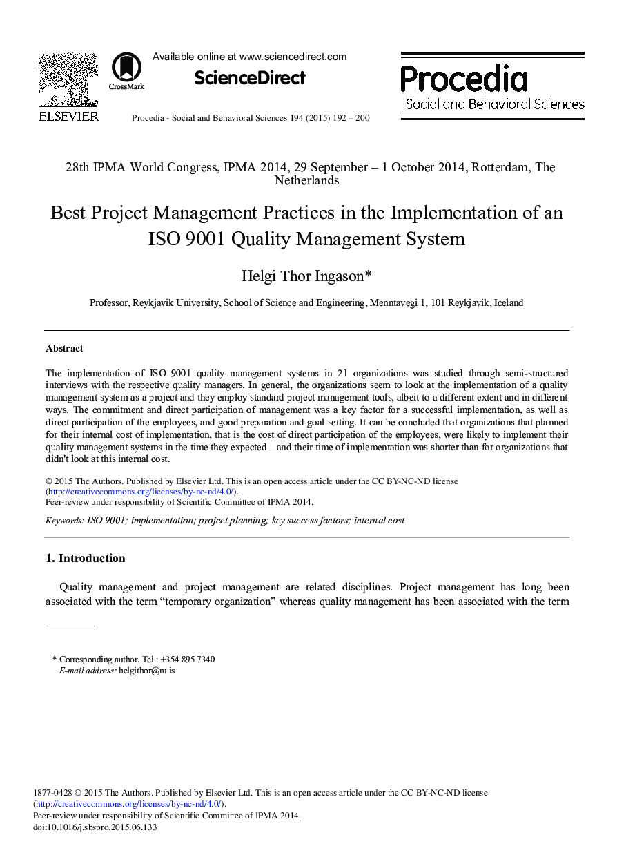 بهترین روش های مدیریت پروژه در پیاده سازی  یک سیستم مدیریت کیفیت ISO 9001