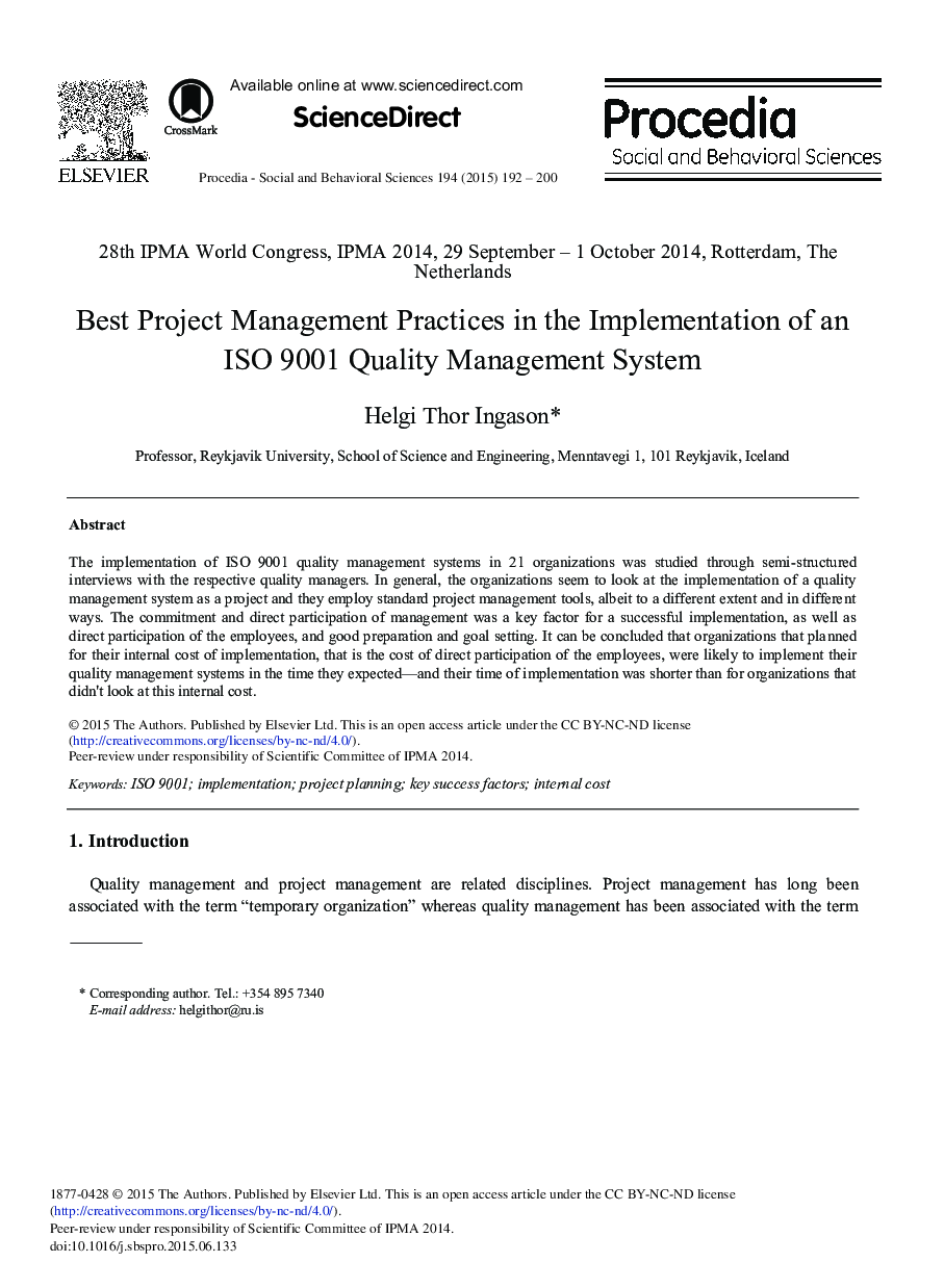 Best Project Management Practices in the Implementation of an ISO 9001 Quality Management System 