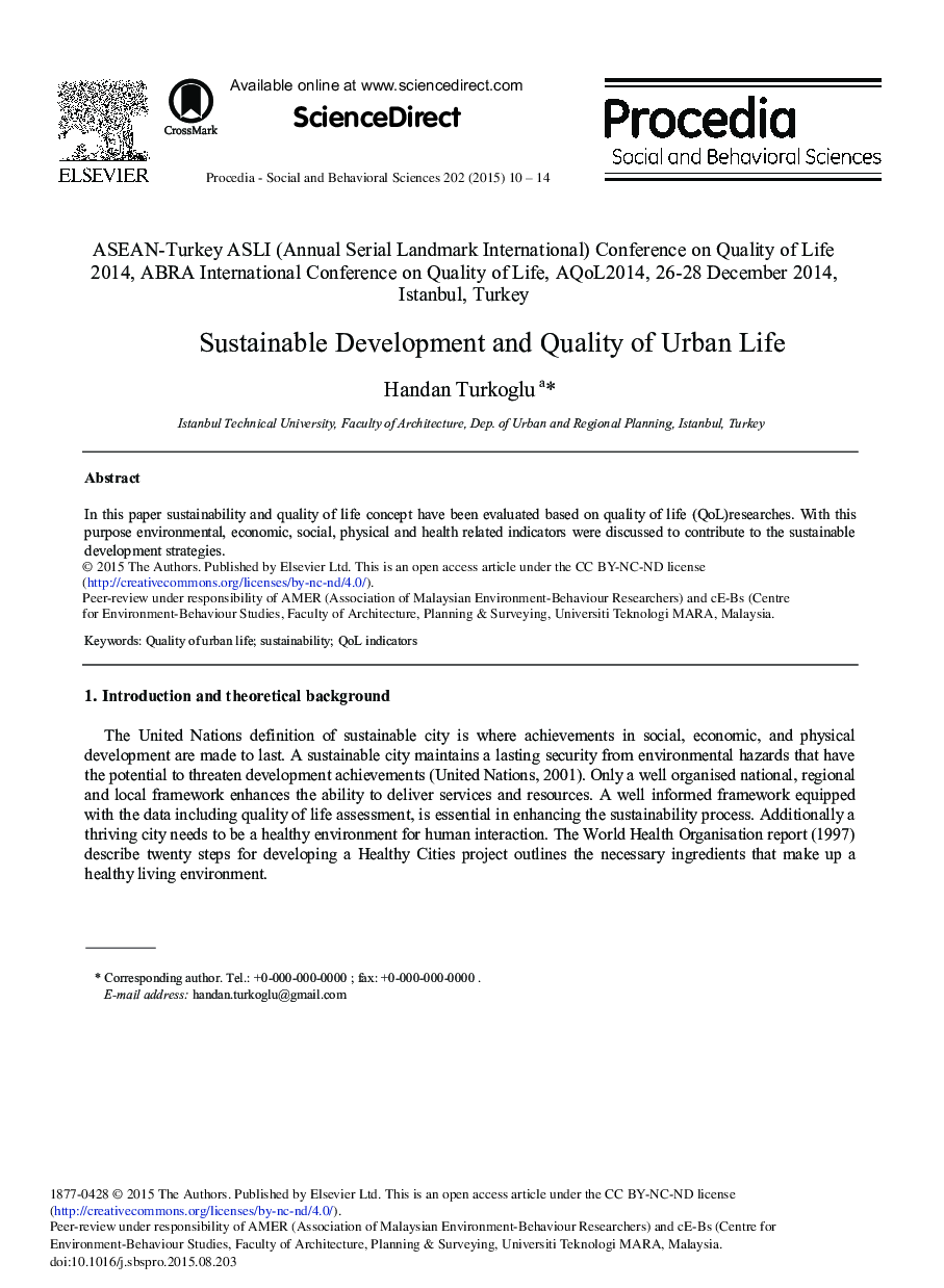 Sustainable Development and Quality of Urban Life 