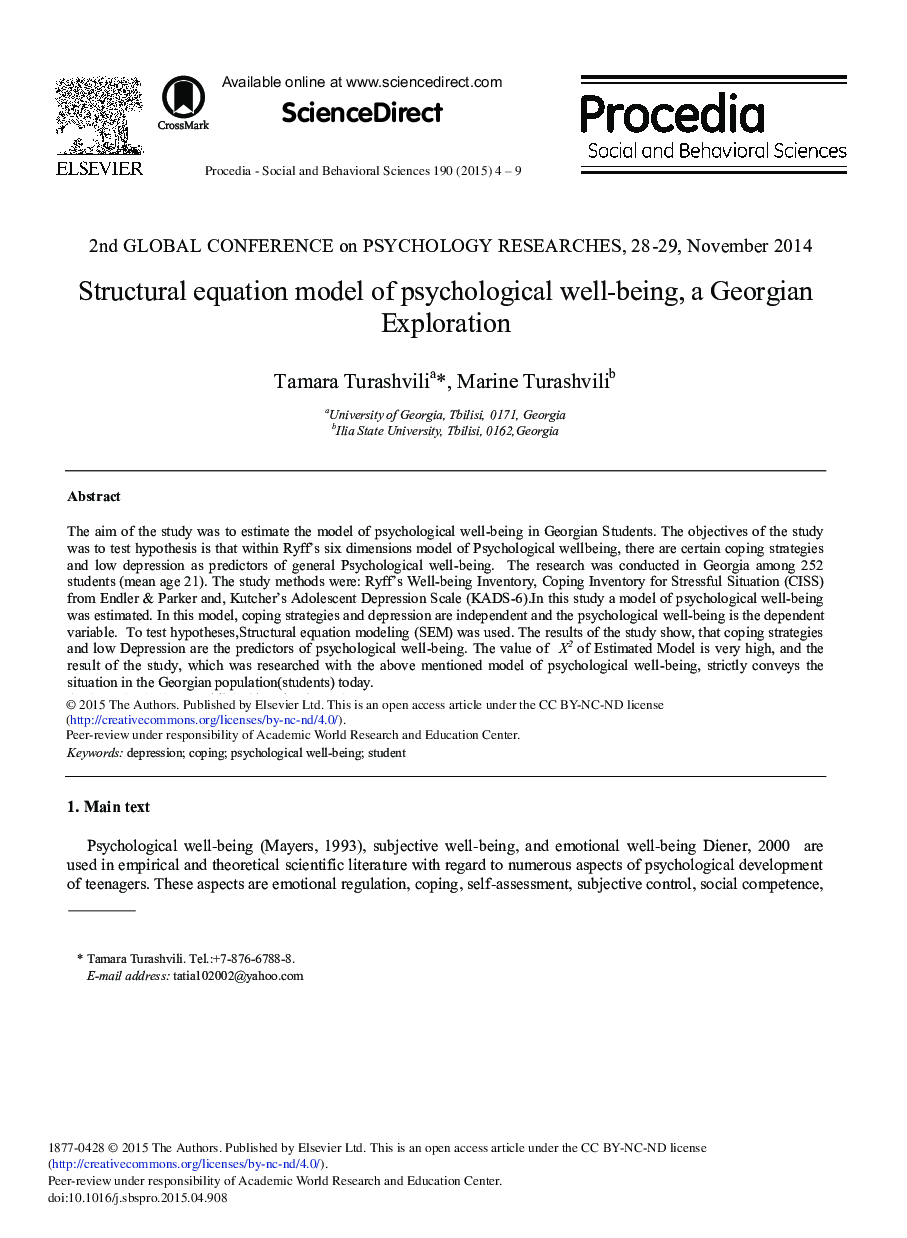 Structural Equation Model of Psychological Well-being, a Georgian Exploration 