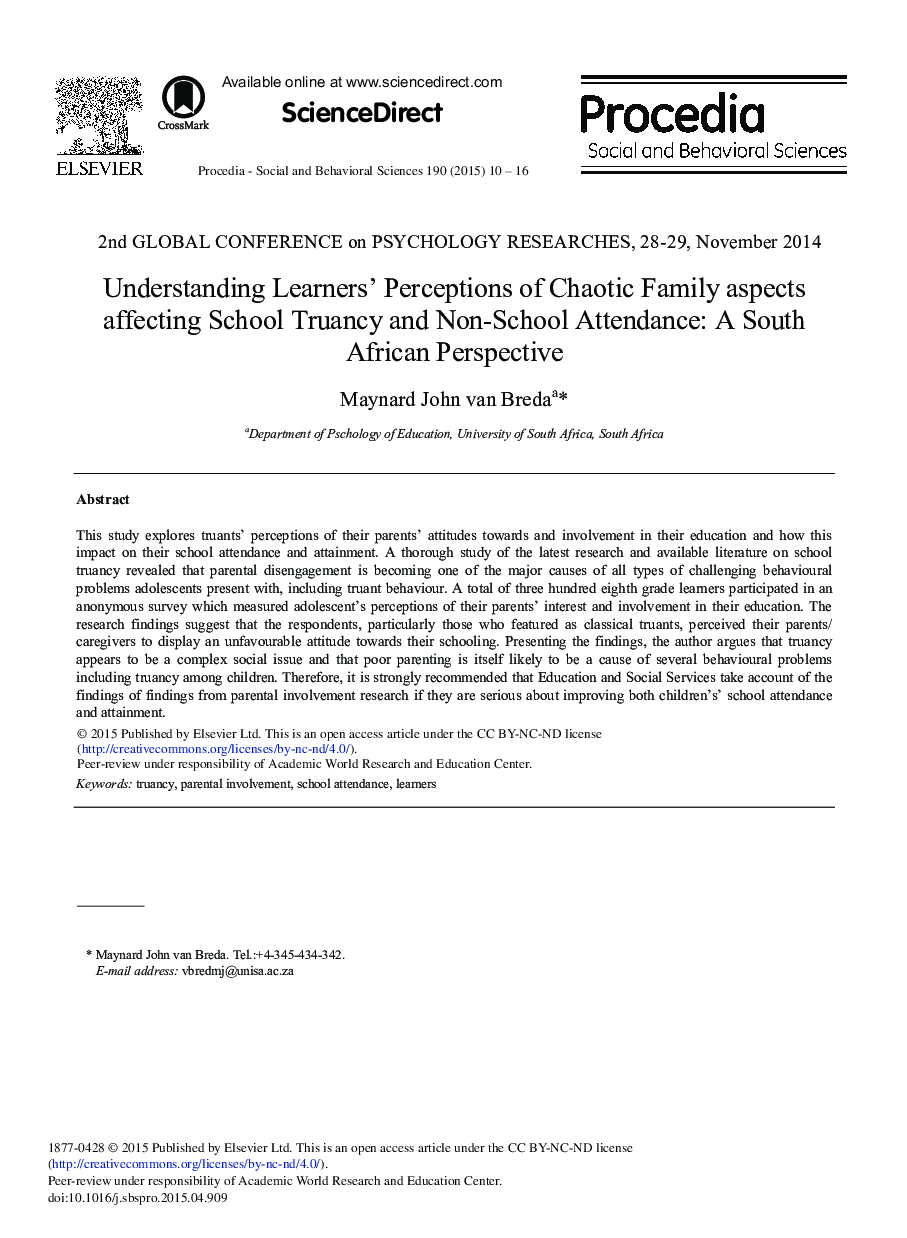 Understanding Learners' Perceptions of Chaotic Family aspects affecting School Truancy and Non-School Attendance: A South African Perspective