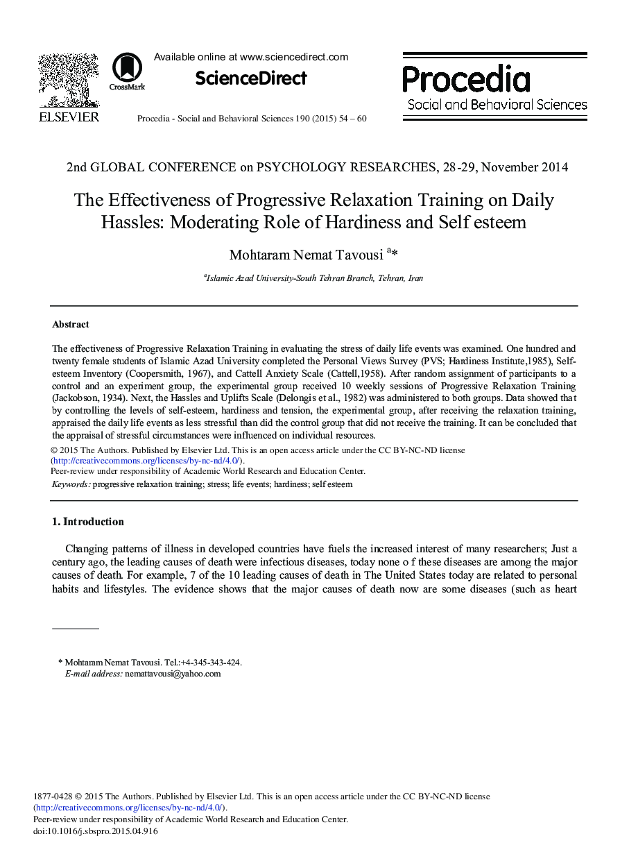 The Effectiveness of Progressive Relaxation Training on Daily Hassles: Moderating Role of Hardiness and Self esteem 