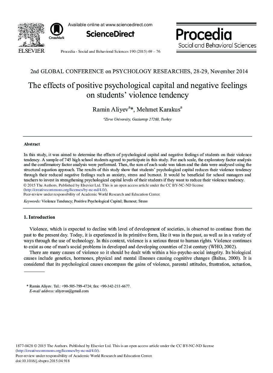 The Effects of Positive Psychological Capital and Negative Feelings on Students’ Violence Tendency 