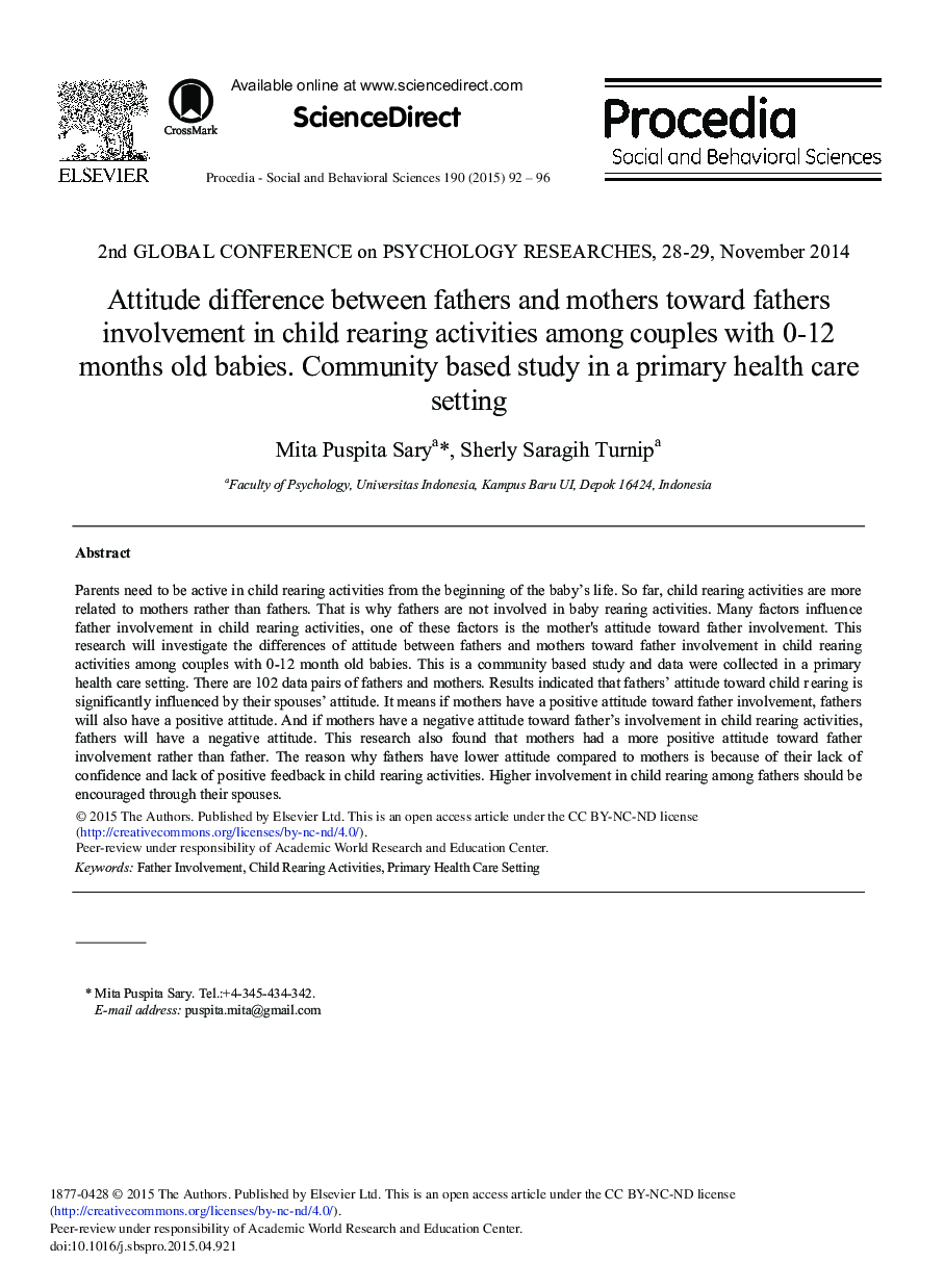 Attitude Difference between Fathers and Mothers toward Fathers Involvement in Child Rearing Activities among Couples with 0-12 Months Old Babies. Community based Study in a Primary Health Care Setting 