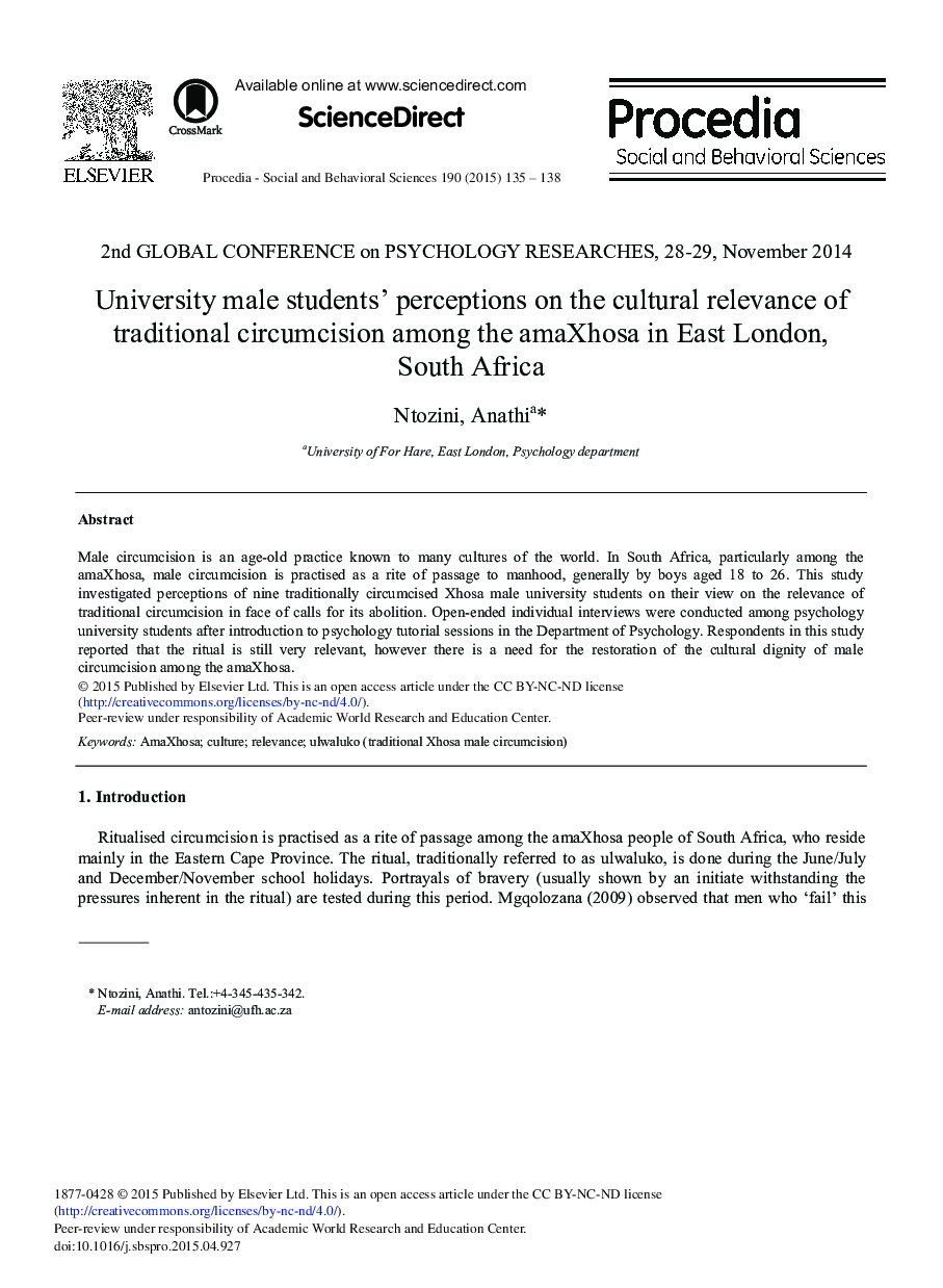 University Male Students’ Perceptions on the Cultural Relevance of Traditional Circumcision among the amaXhosa in East London, South Africa 