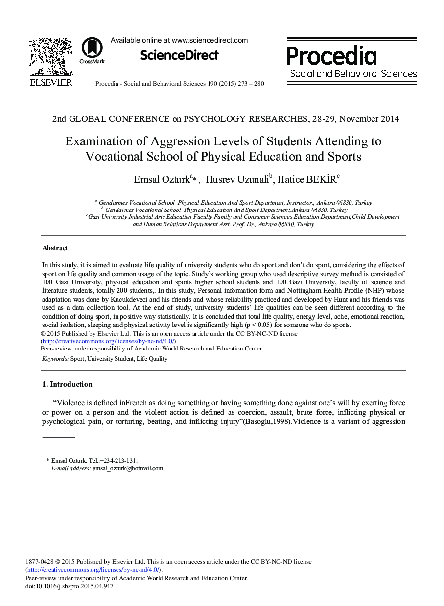 Examination of Aggression Levels of Students Attending to Vocational School of Physical Education and Sports 