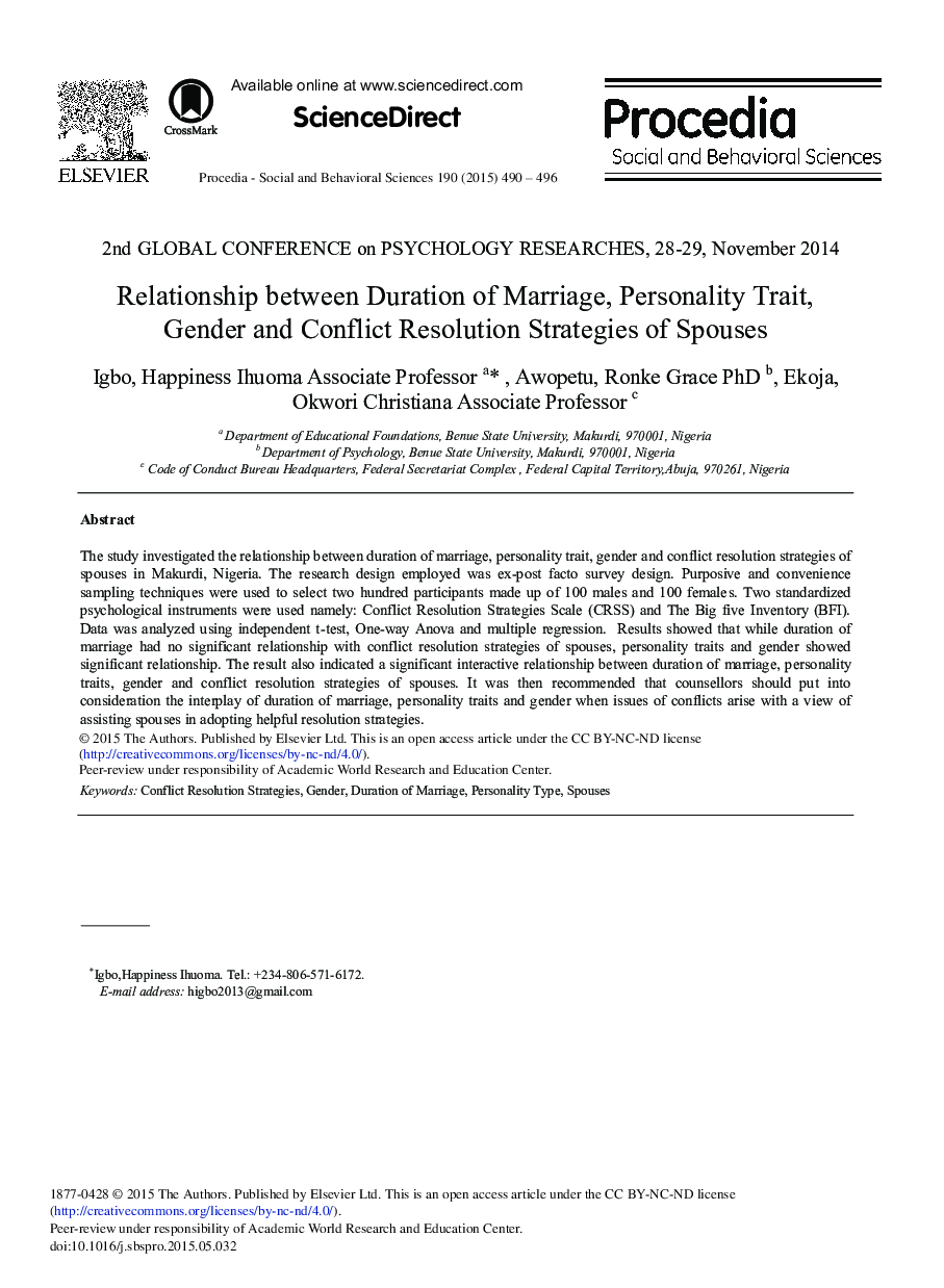 Relationship between Duration of Marriage, Personality Trait, Gender and Conflict Resolution Strategies of Spouses 