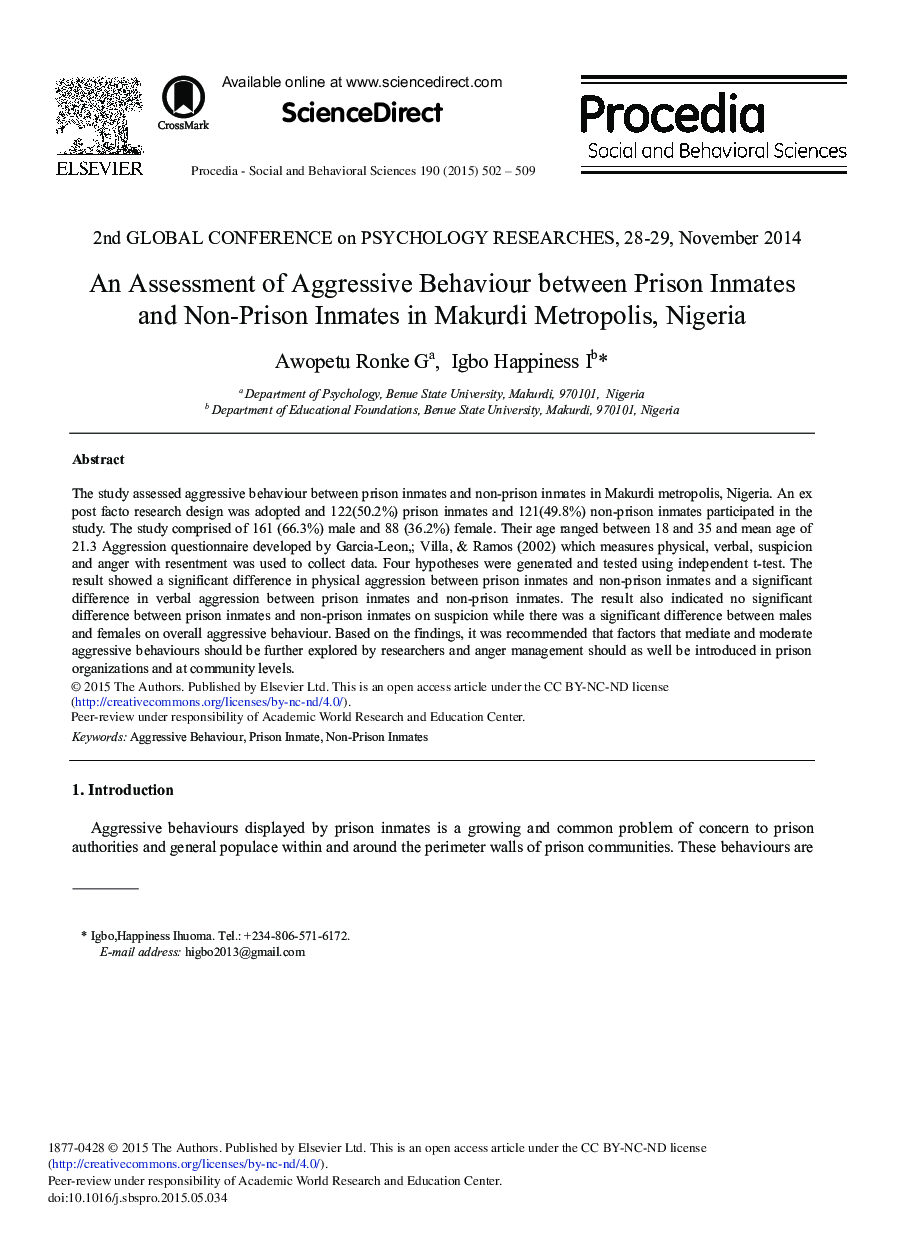 An Assessment of Aggressive Behaviour between Prison Inmates and Non-prison Inmates in Makurdi Metropolis, Nigeria 