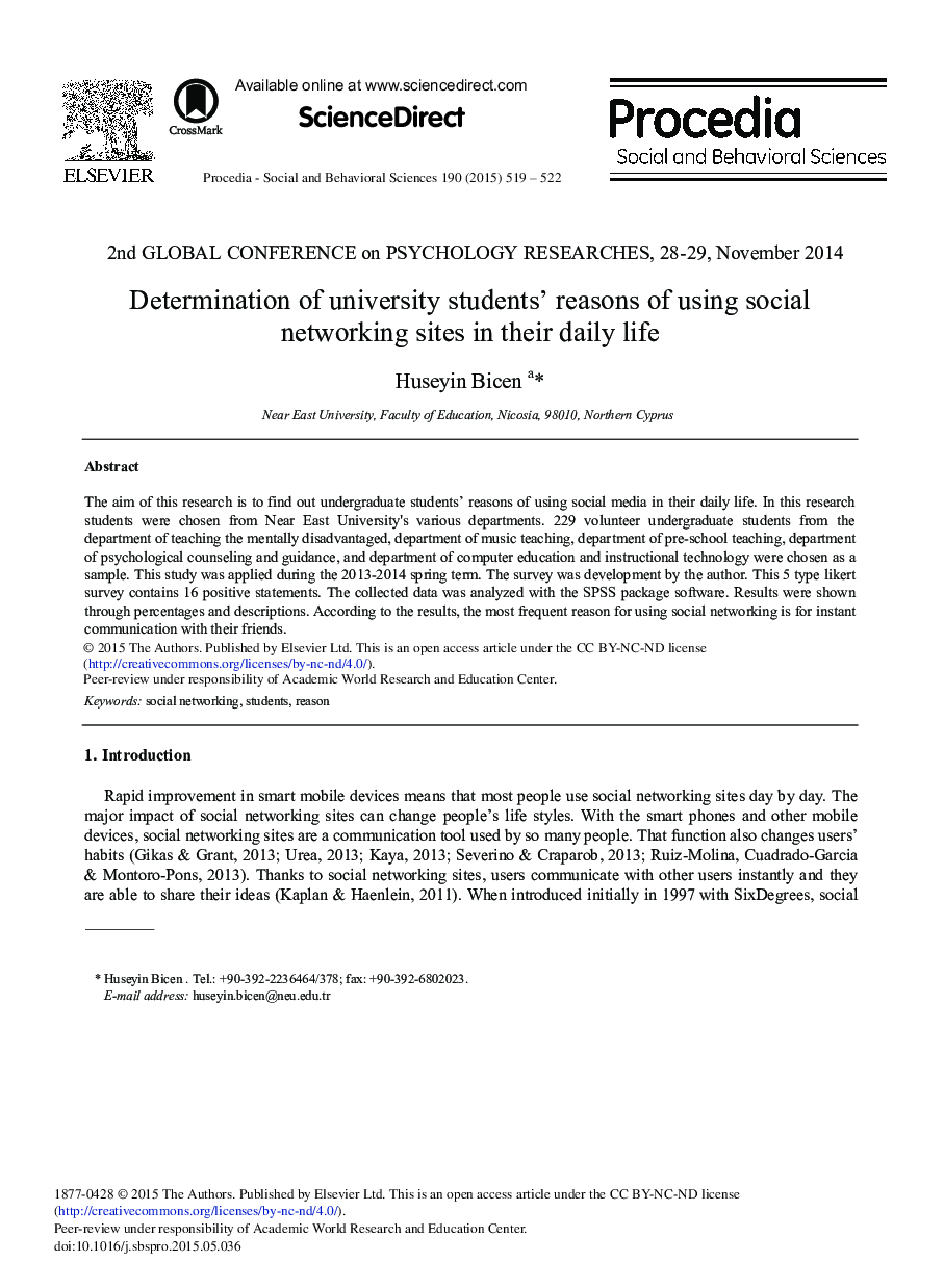 Determination of University Students’ Reasons Ofusing Social Networking Sites in their Daily Life 