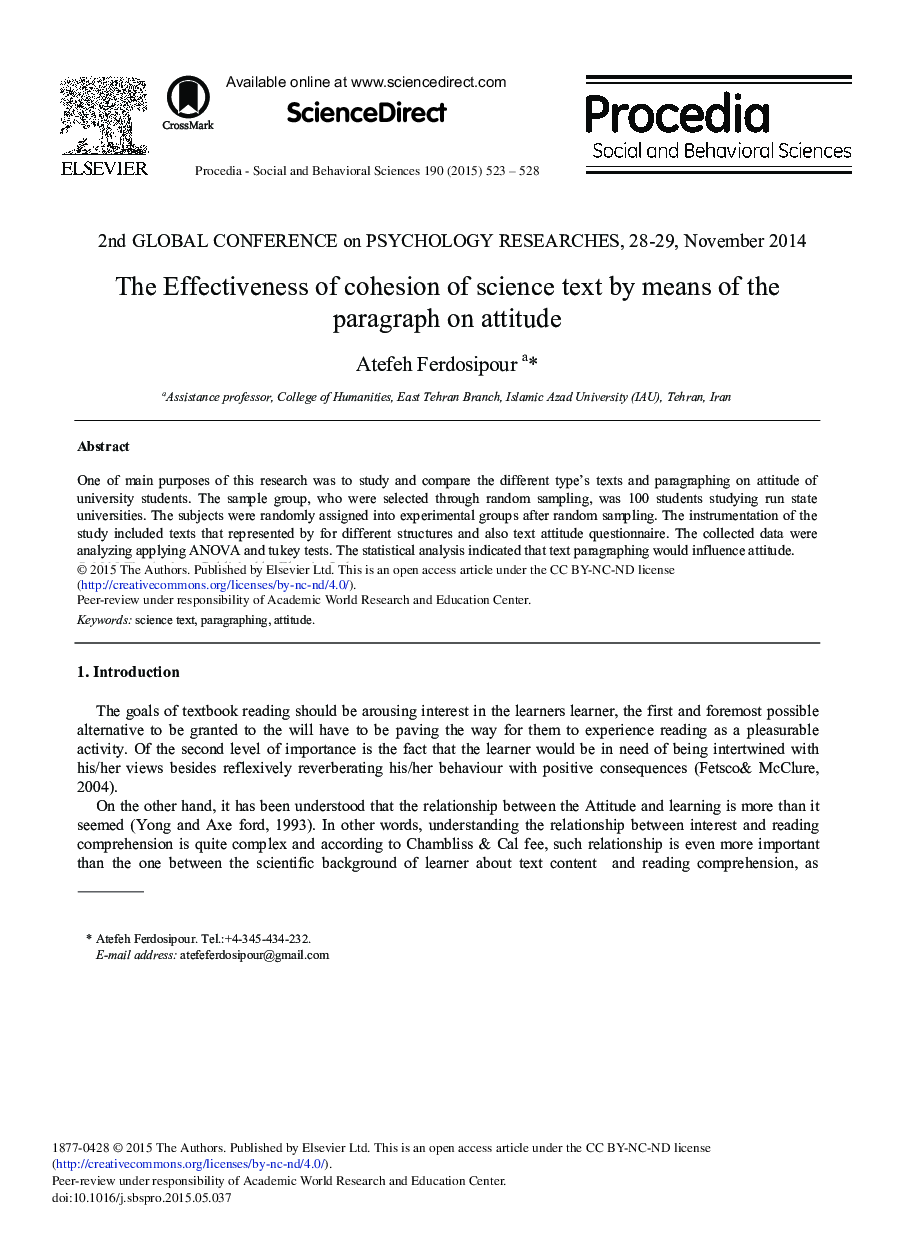 The Effectiveness of Cohesion of Science Text by Means of the Paragraph on Attitude 