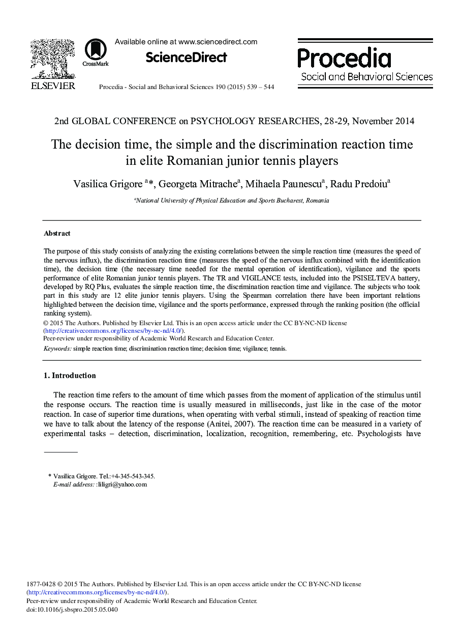 The Decision Time, the Simple and the Discrimination Reaction Time in Elite Romanian Junior Tennis Players 