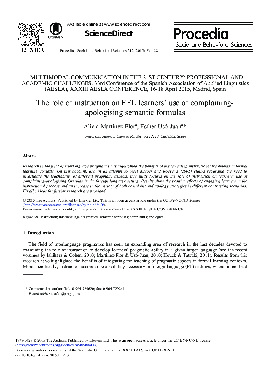 The Role of Instruction on EFL Learners’ use of Complaining- apologising Semantic Formulas 