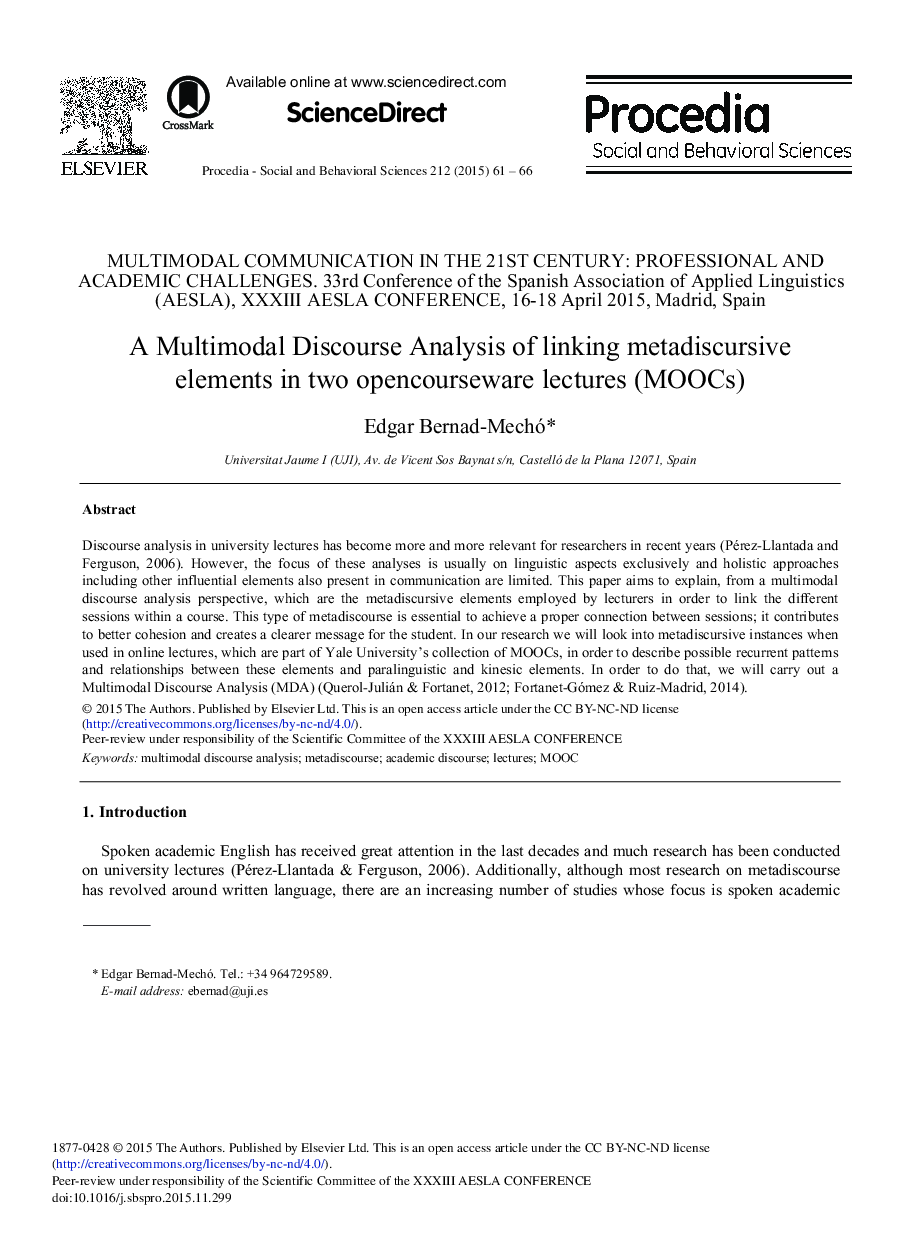 A Multimodal Discourse Analysis of Linking Metadiscursive Elements in Two Opencourseware Lectures (MOOCs) 