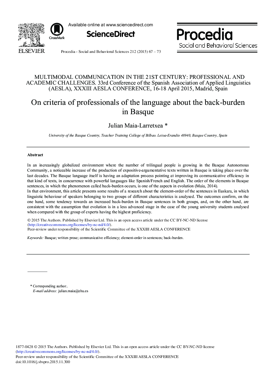 On Criteria of Professionals of the Language about the Back-burden in Basque 