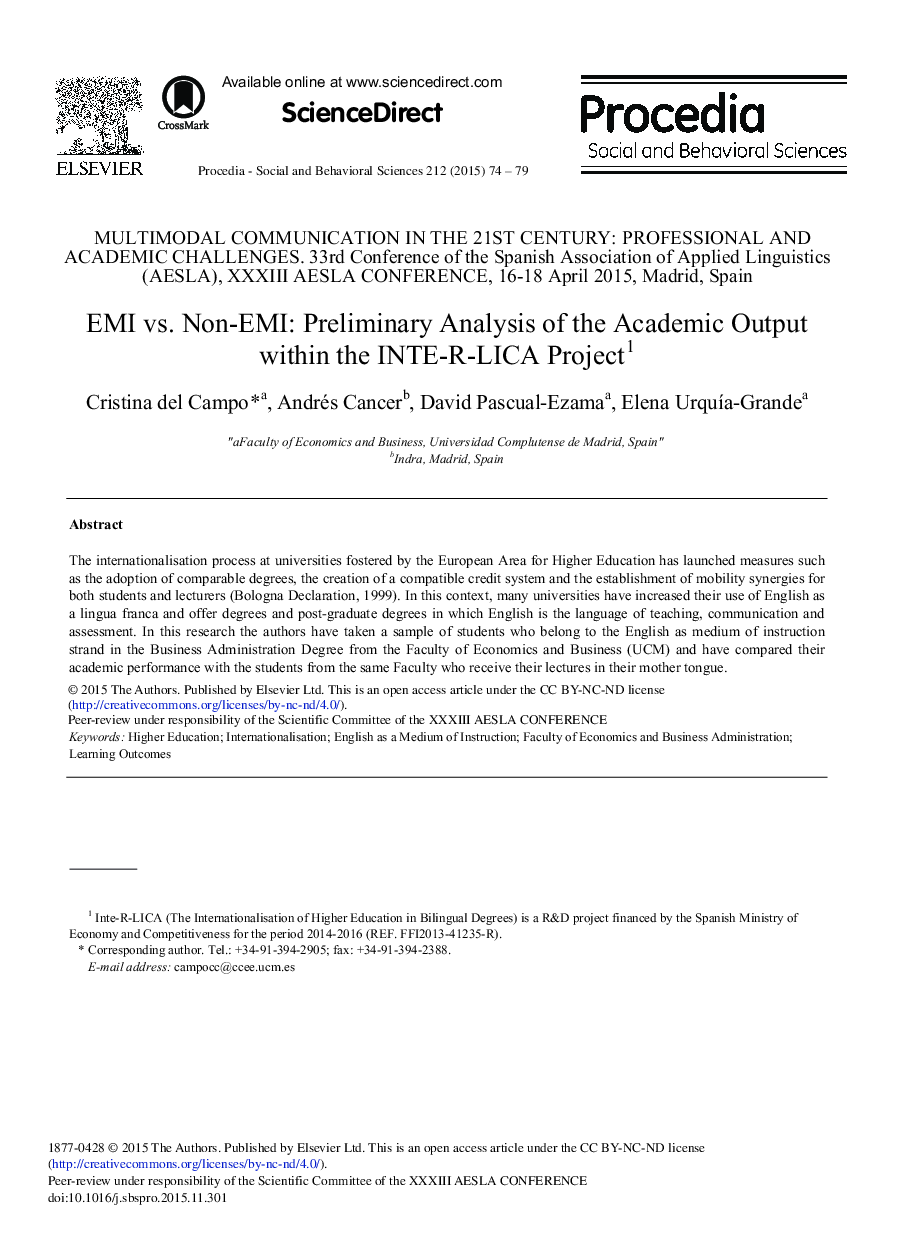 EMI vs. Non-EMI: Preliminary Analysis of the Academic Output within the INTE-R-LICA Project1 