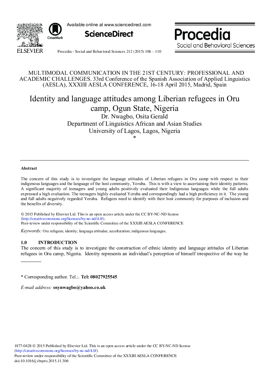 Identity and Language Attitudes Among Liberian Refugees in Oru Camp, Ogun State, Nigeria 