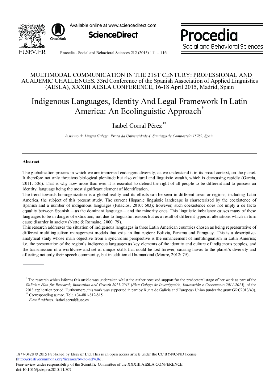 Indigenous Languages, Identity a nd Legal Framework in Latin America: An Ecolinguistic Approach1 