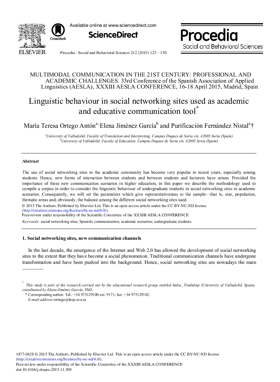 Linguistic Behaviour in Social Networking Sites used as Academic and Educative Communication Tool1 