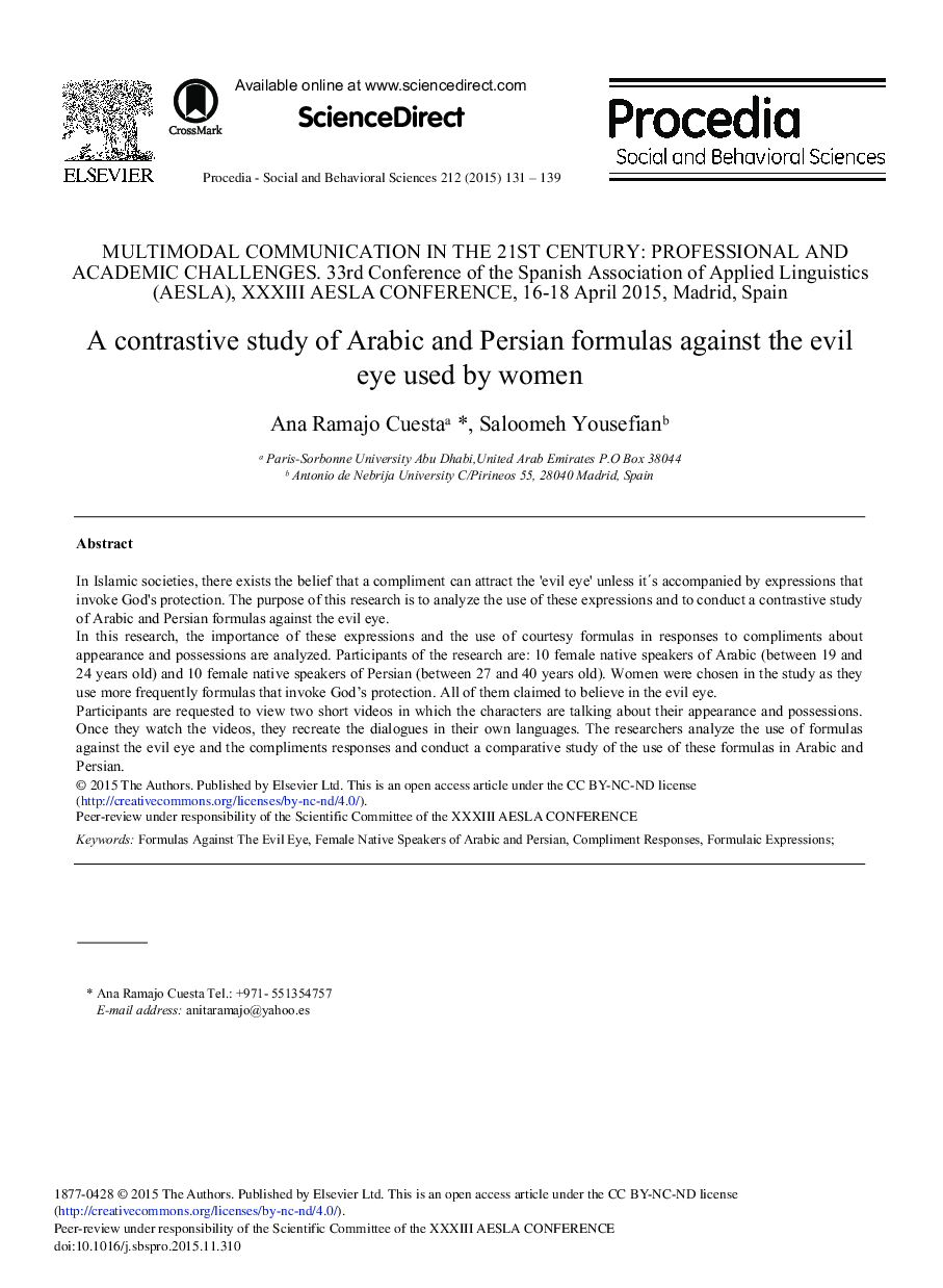 A Contrastive Study of Arabic and Persian Formulas Against the Evil Eye used by Women 