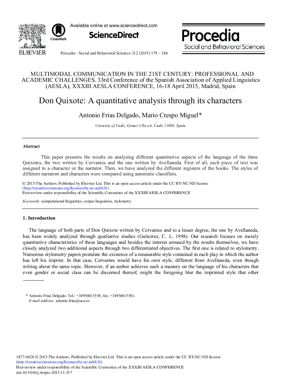 Don Quixote: A Quantitative Analysis Through its Characters 