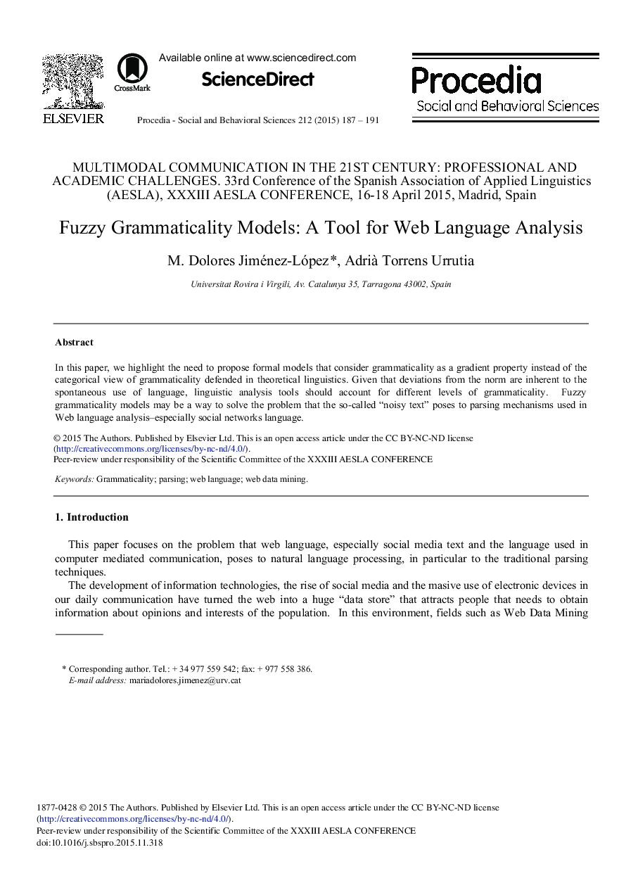 Fuzzy Grammaticality Models: A Tool for Web Language Analysis 