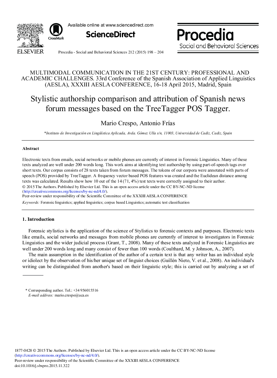 Stylistic Authorship Comparison and Attribution of Spanish News Forum Messages Based on the TreeTagger POS Tagger 