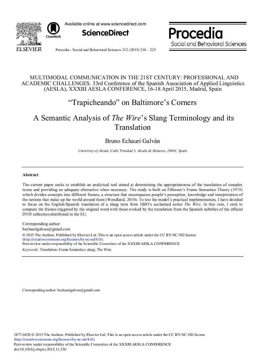 “Trapicheando” on Baltimore's Corners A Semantic Analysis of The Wire's Slang Terminology and its Translation 