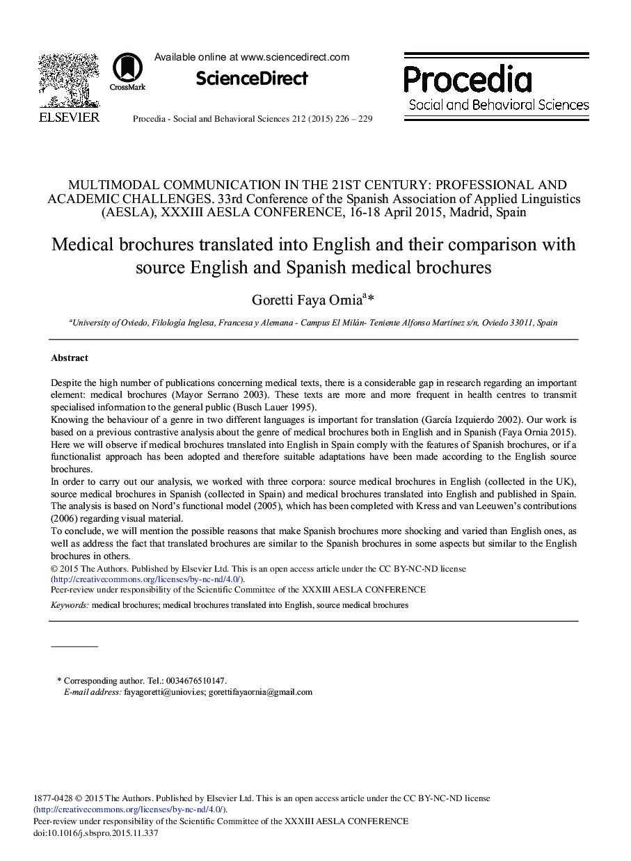 Medical Brochures Translated into English and Their Comparison with Source English and Spanish Medical Brochures 