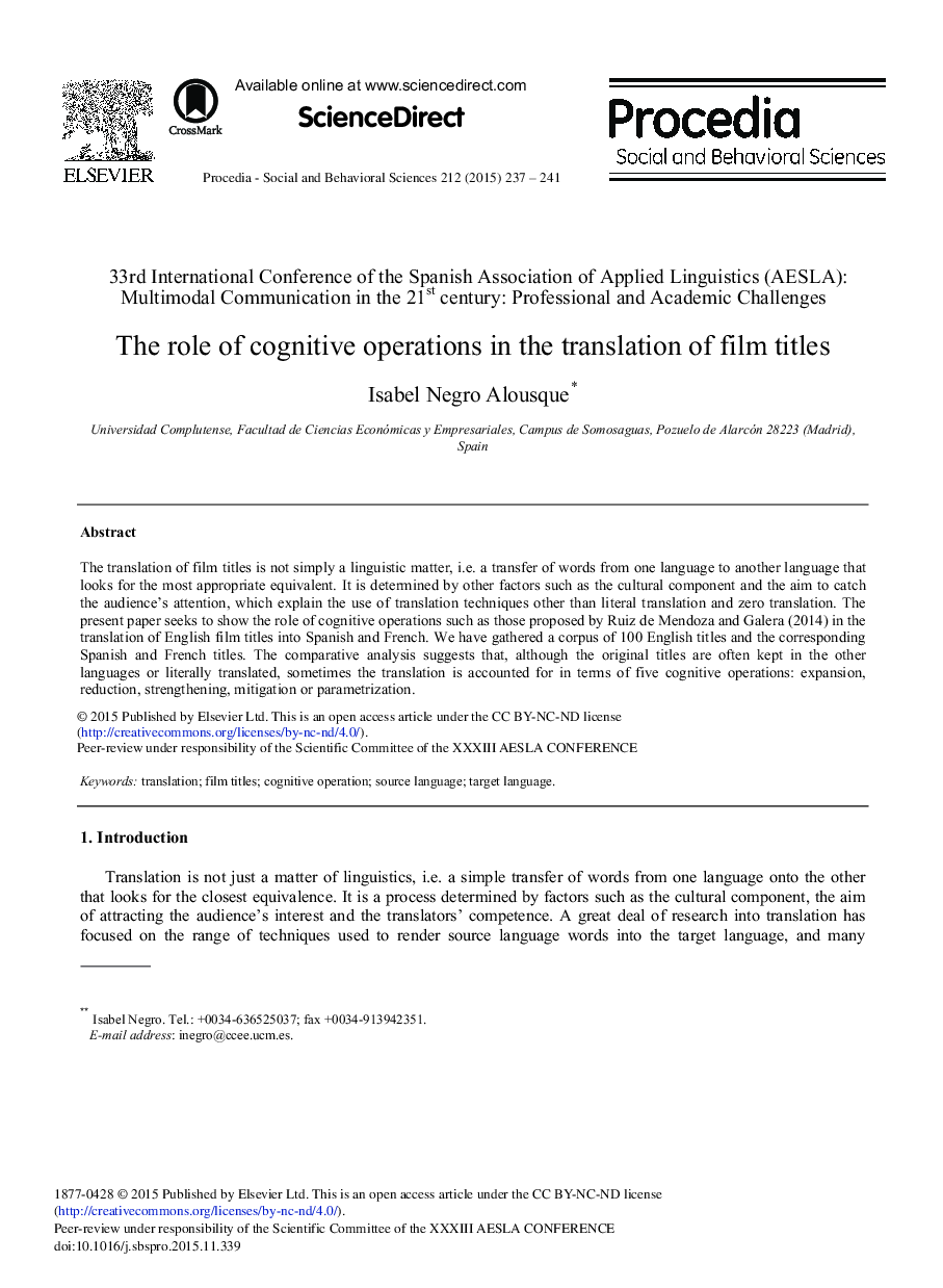 The Role of Cognitive Operations in the Translation of Film Titles 