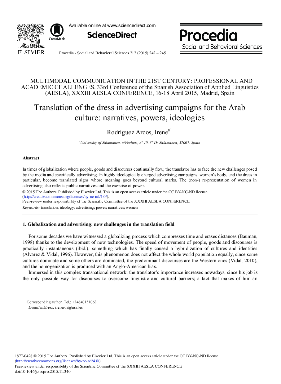 Translation of the Dress in Advertising Campaigns for the Arab Culture: Narratives, Powers, Ideologies 