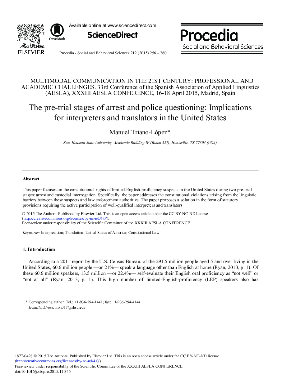 The Pre-trial Stages of Arrest and Police Questioning: Implications for Interpreters and Translators in the United States 