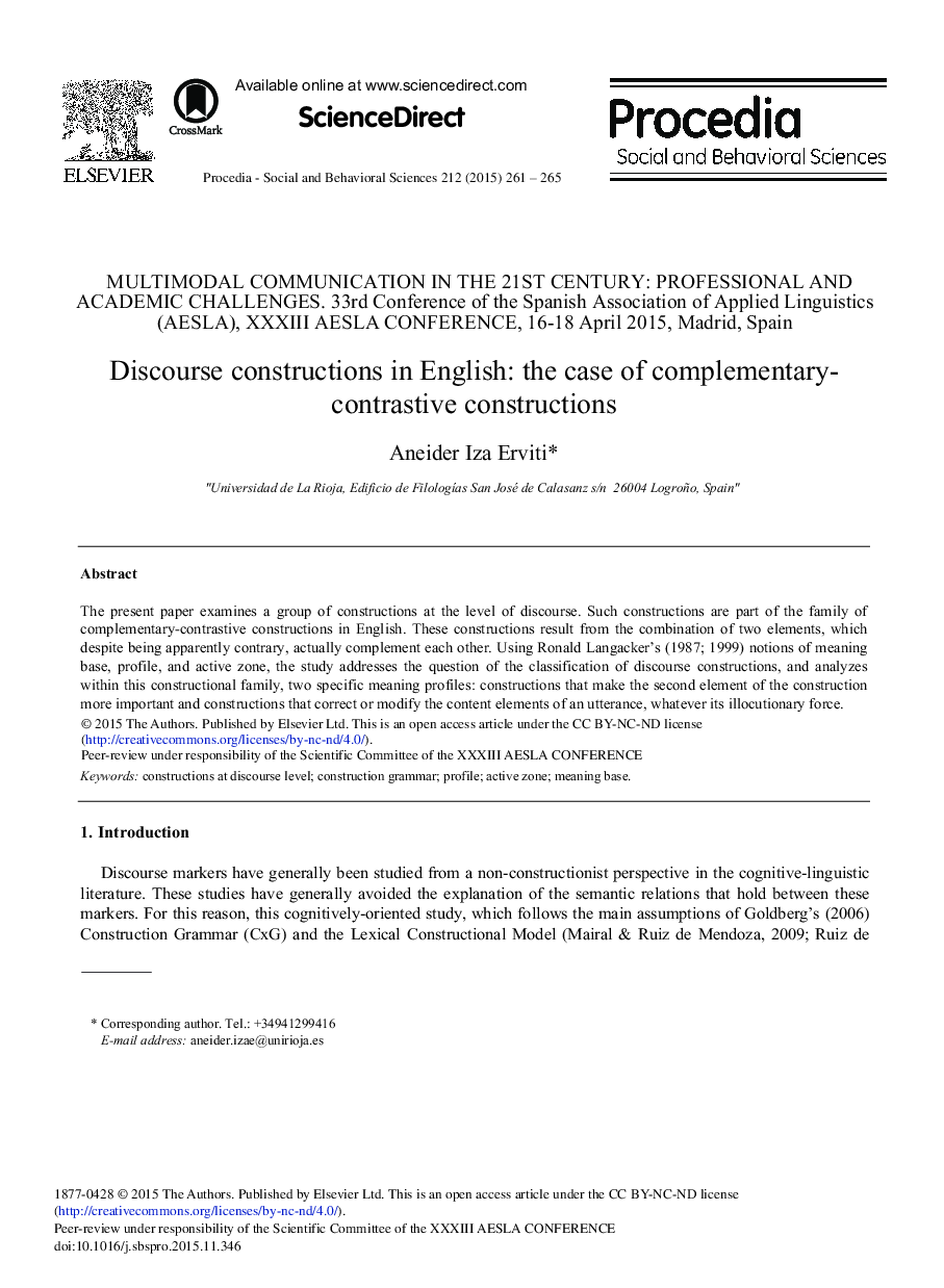 Discourse Constructions in English: The Case of Complementary-contrastive Constructions 